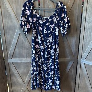 Floral Puff Sleeve Summer Dress Navy Blue Pink Flowers Large